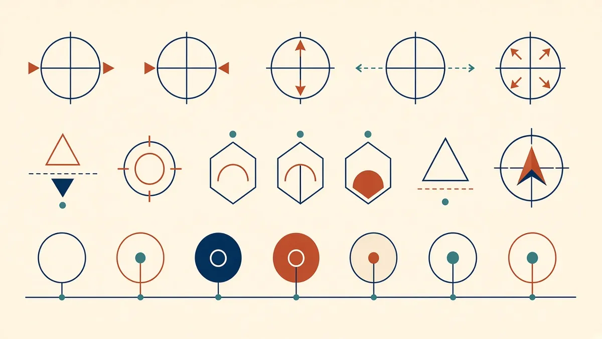 A grid of common architectural drawing symbols including section marks, elevation tags, door tags and level datums