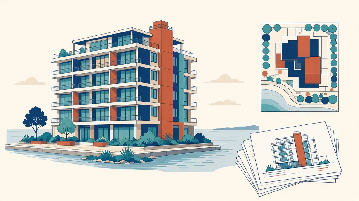 An Abu Dhabi waterfront building with a permit drawing set and site plan