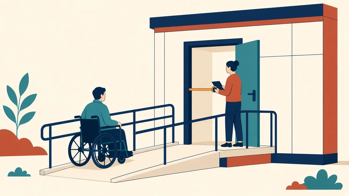 An auditor measuring a door width and ramp gradient in an existing building