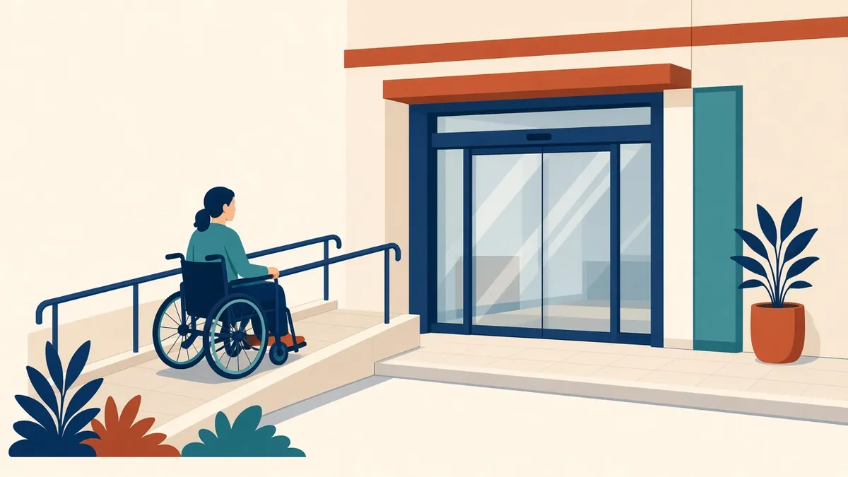 An accessible building entrance with a gentle ramp, level threshold and clear signage