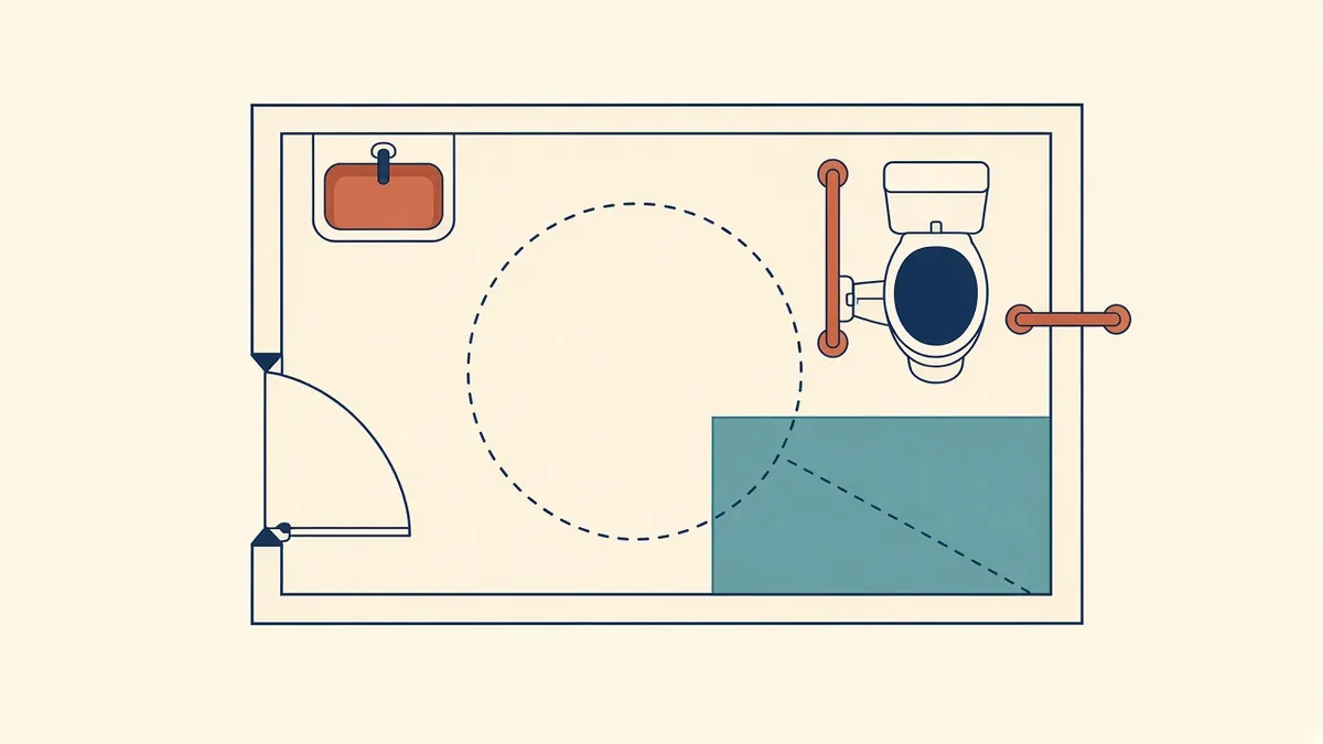 A large-scale accessible toilet plan with turning circle, grab rails and transfer space marked