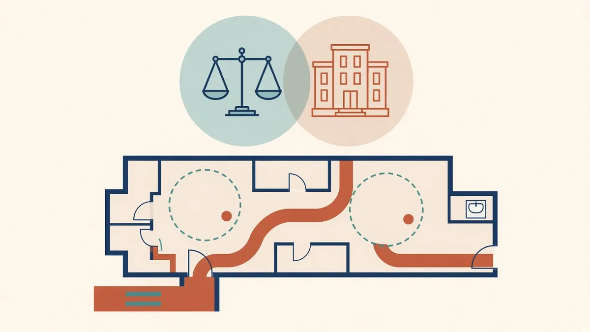 Two overlapping circles labelled civil rights law and building code over an accessible floor plan