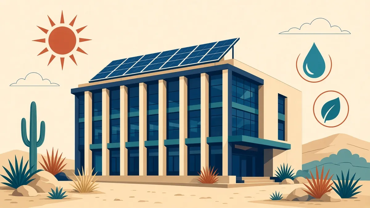 A Dubai building with shading fins, rooftop solar panels and a green rating badge
