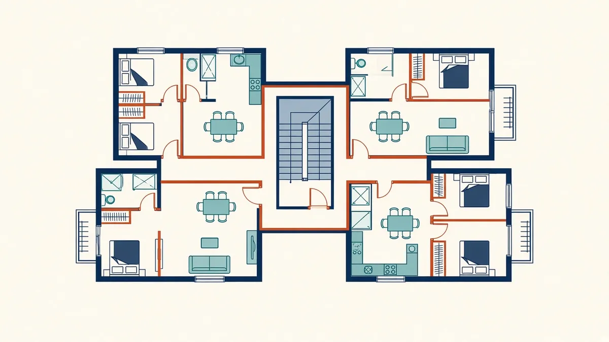 A UK apartment building plan with protected stair, fire doors and compartment lines marked