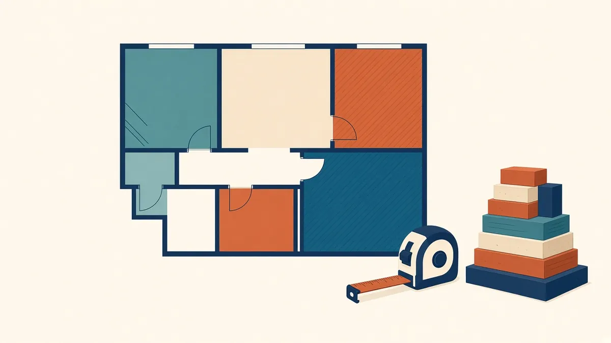 A colour-coded area plan with an area schedule and quantity table beside it