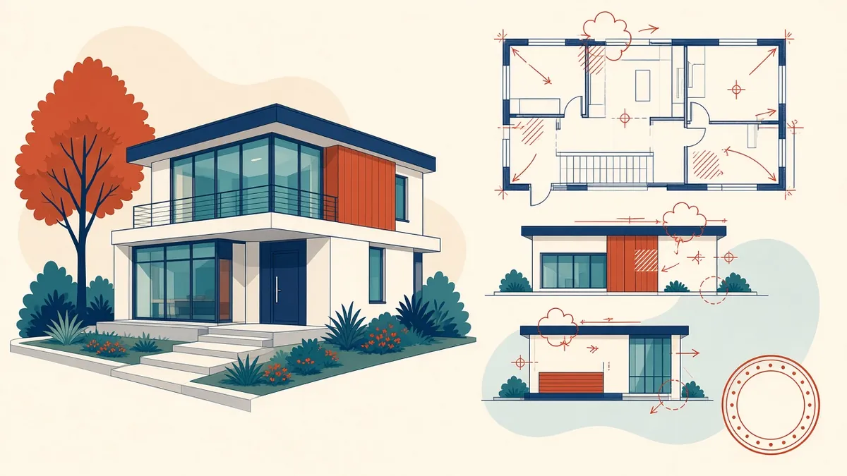 A completed building silhouette beside a drawing set stamped as record with red-marked changes