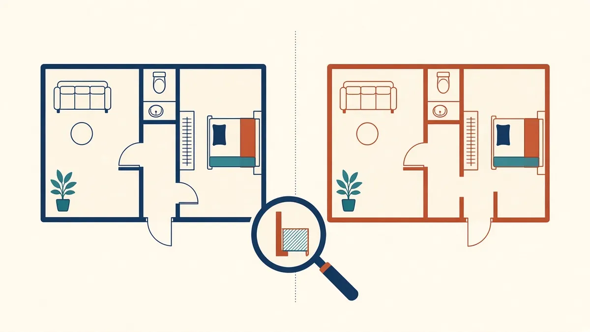An old drawing overlaid on a new survey, showing walls in different positions