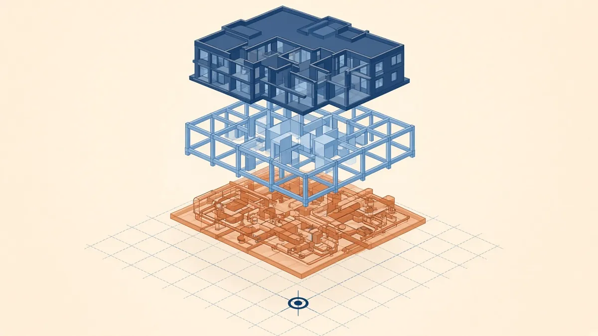 Architectural, structural and MEP model layers aligning onto a shared grid and origin point