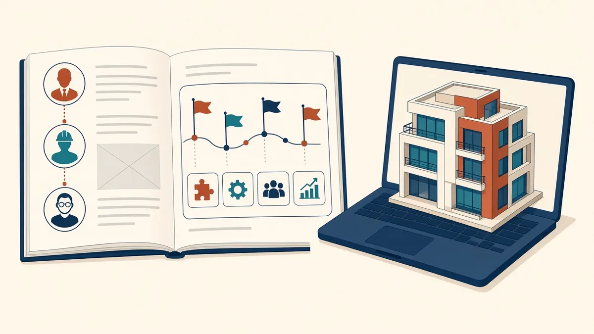 A BIM execution plan document open beside a project model with roles and milestones highlighted