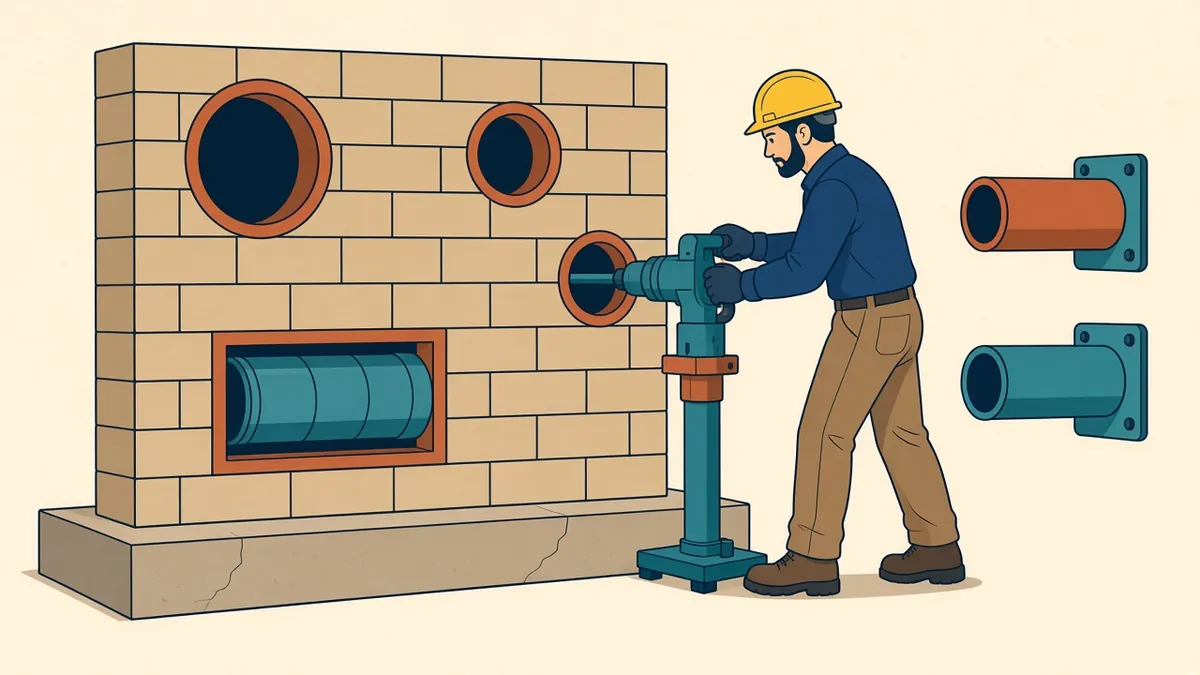 A wall with service openings, a concrete plinth for equipment and fire-stopped penetrations