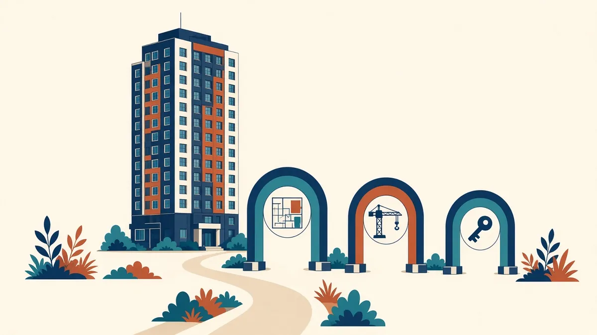 A tall residential building with three gate markers representing planning, construction and completion stages