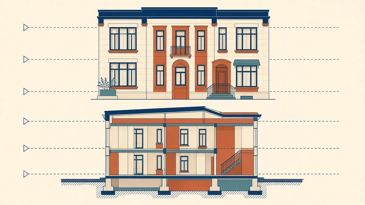 A building elevation above a matching cross-section with level datums and material callouts