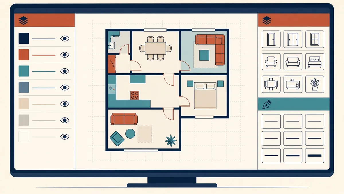 AutoCAD layer manager, plot style table and block library arranged on a screen