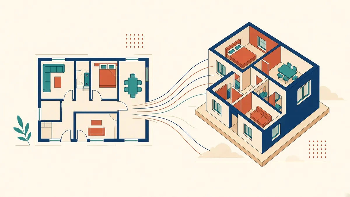 A flat 2D CAD floor plan lifting into a 3D Revit model with walls and doors appearing