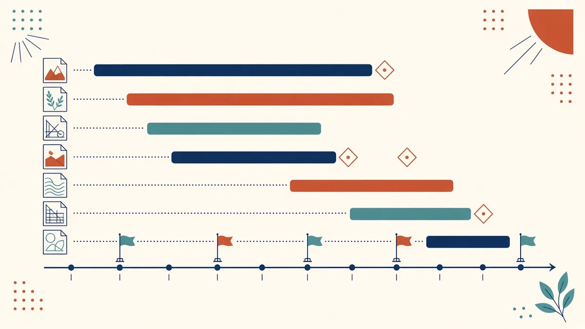 A Gantt-style timeline with drawing sheet icons, review checkpoints and milestone flags
