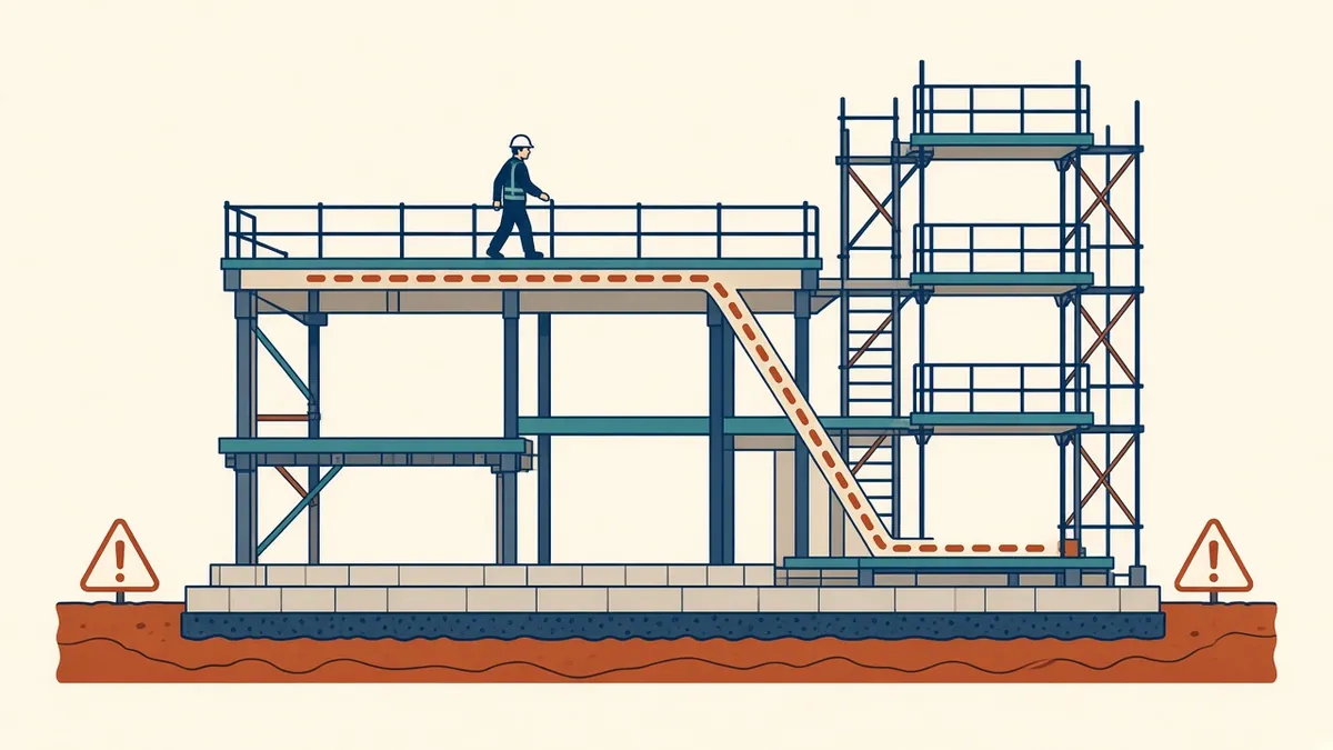A construction site section with highlighted risks such as working at height and safe access routes