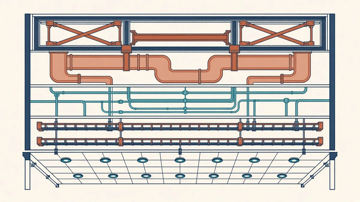 A section through a ceiling void with layered zones for ducts, pipes, cable trays and lights