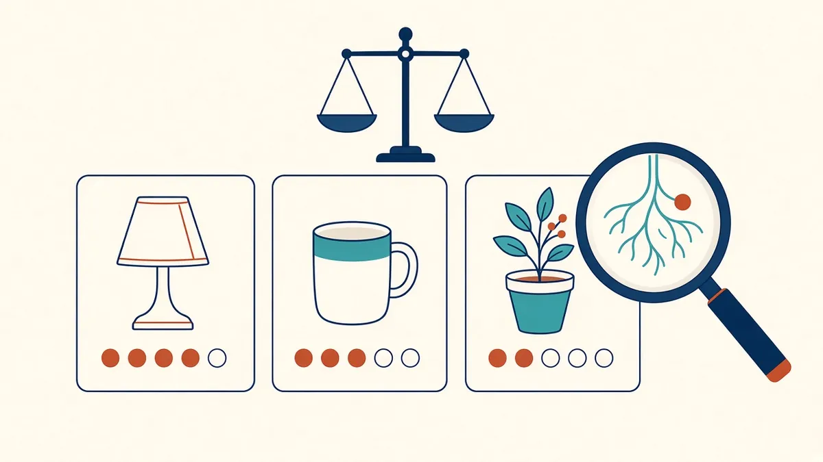 A comparison table of partner criteria beside sample drawing sets