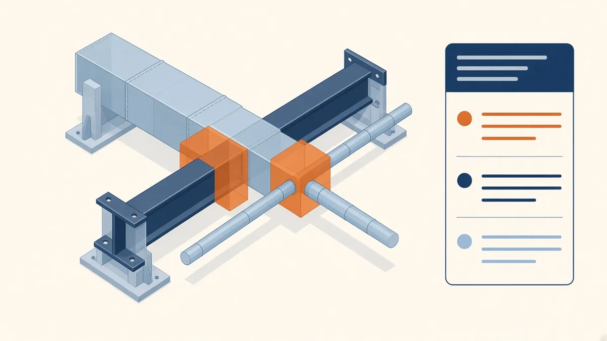 A 3D model of a duct crossing a steel beam with the conflict highlighted in red and orange