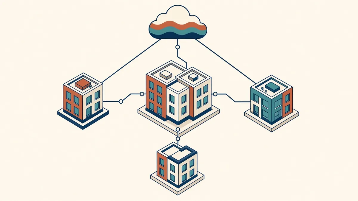Three remote offices connected through a cloud icon to a shared central building model