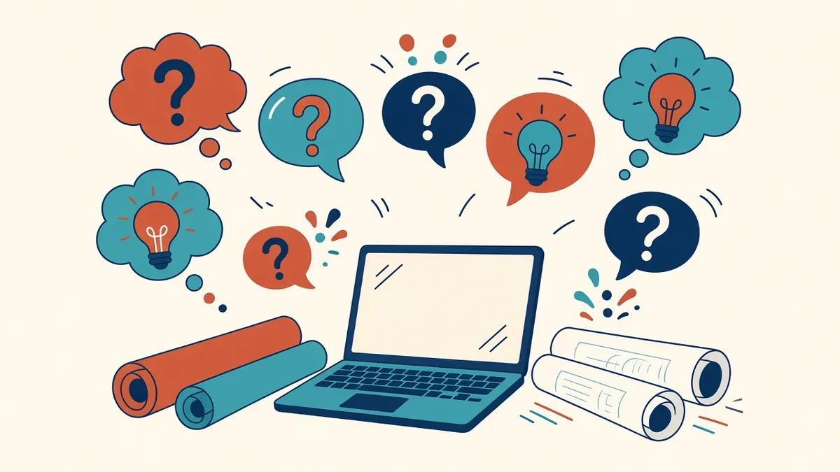 A set of speech bubbles with question marks over drawings and a laptop