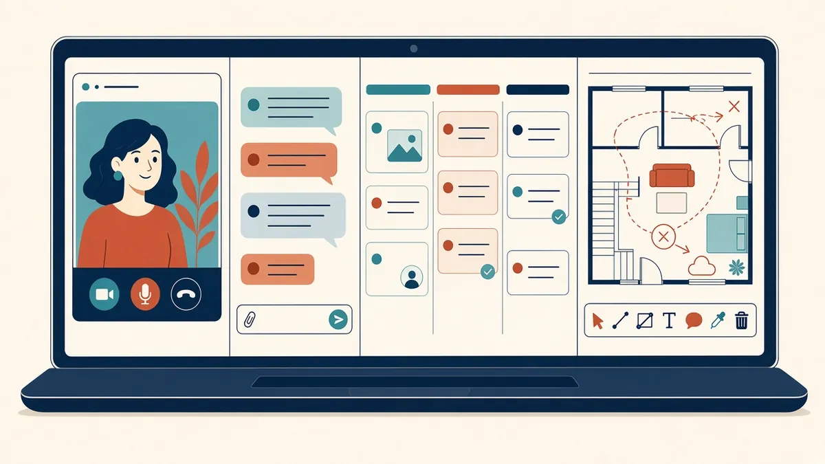 A laptop with video call, chat window, task board and marked-up drawing side by side