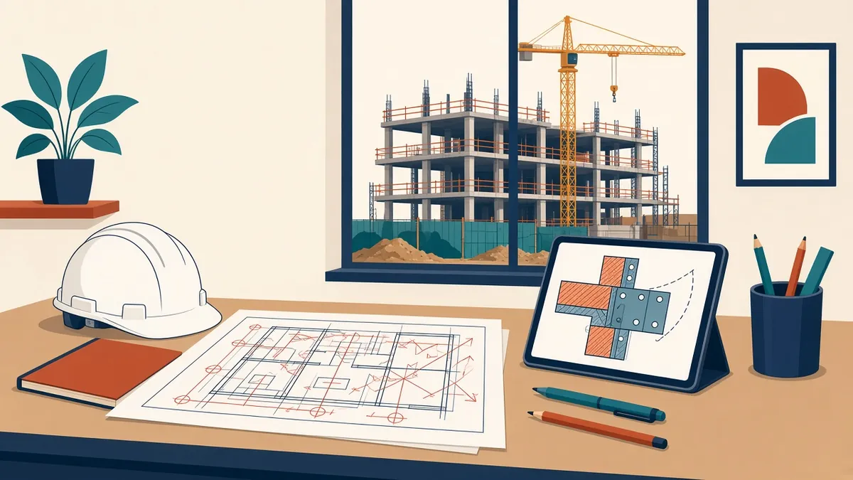 A site office desk with a hard hat, a marked-up drawing and a tablet showing a revised sheet