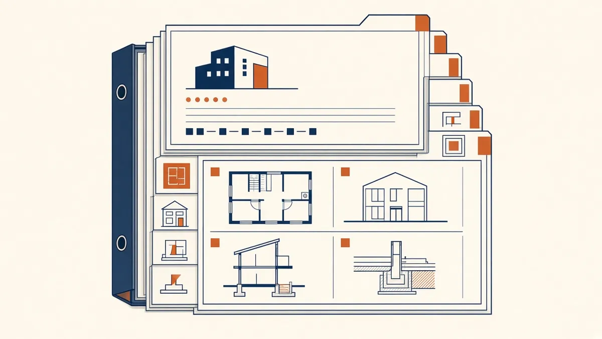 A construction document set fanned out by discipline, showing plans, elevations, sections and details sheets
