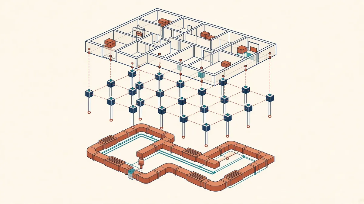 Overlapping architectural, structural and MEP drawing layers aligned on a shared grid