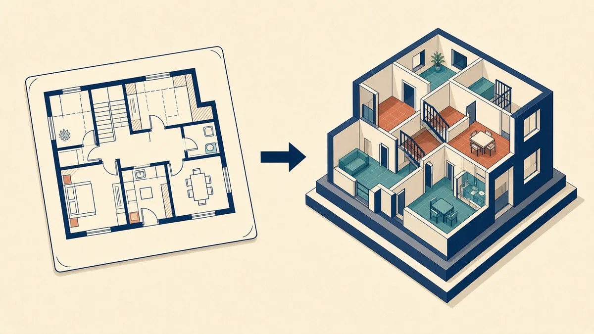 An old 2D CAD floor plan beside a 3D Revit model built from it