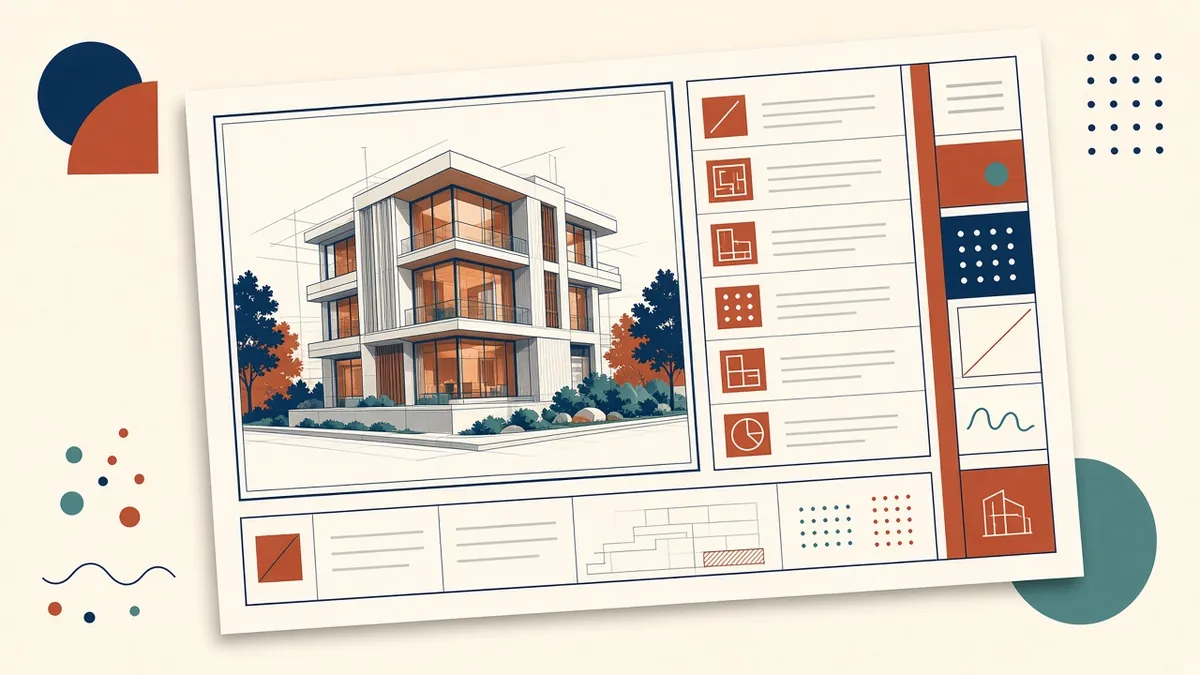 A construction drawing cover sheet with a project rendering placeholder, sheet index table and title block