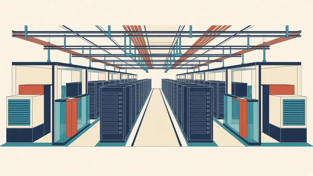 A data hall with server racks, hot aisle containment and overhead cable trays