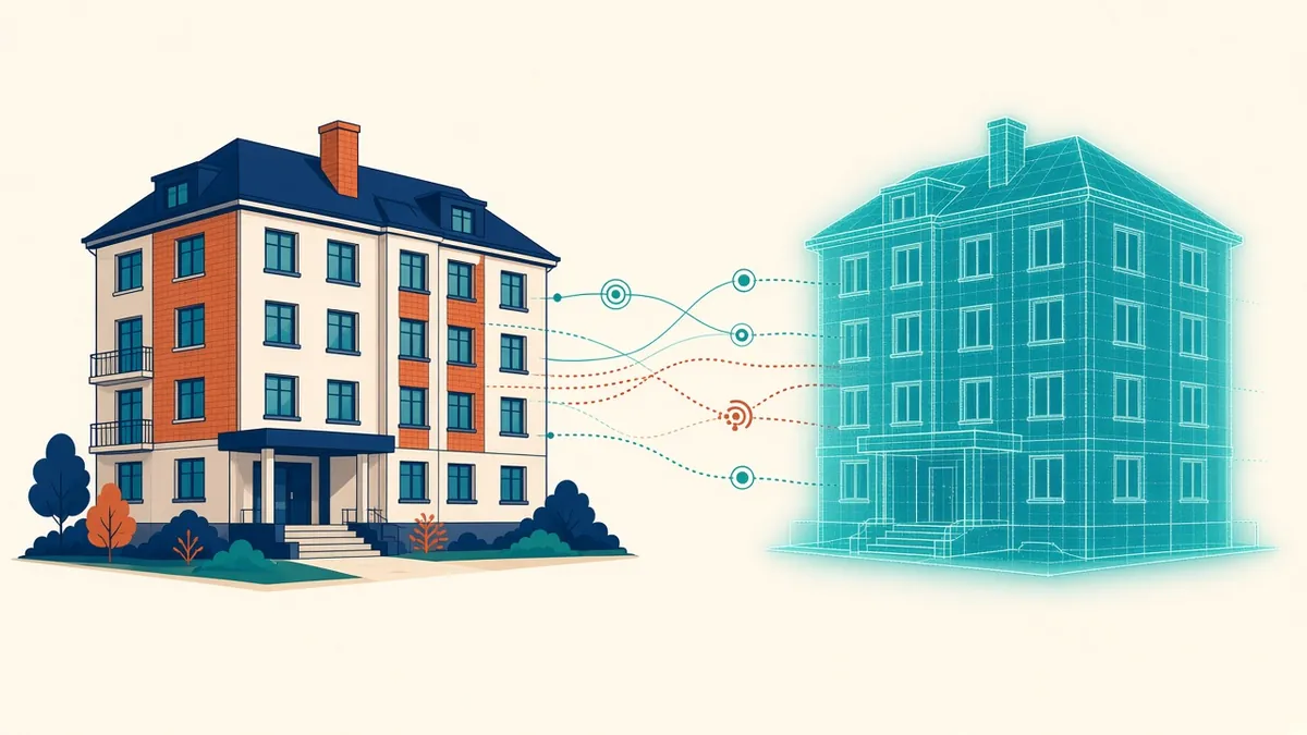 A building model linked to live sensor data dashboards on a screen