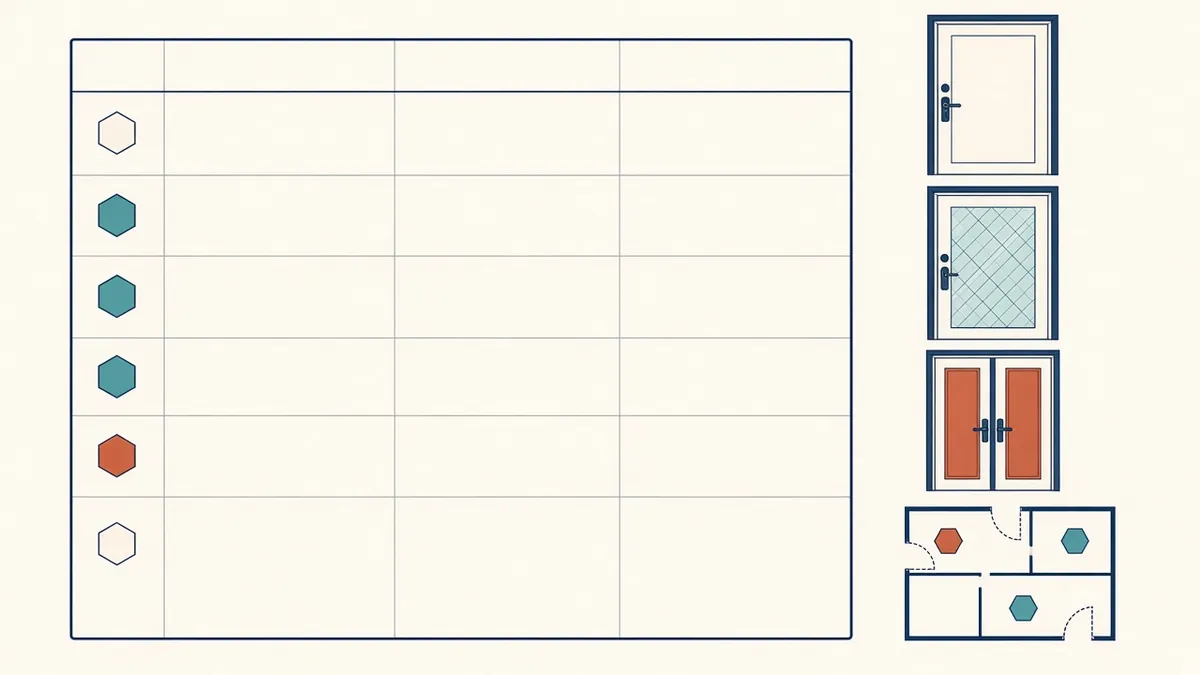 A door schedule table beside door elevation types and a floor plan with matching door tags