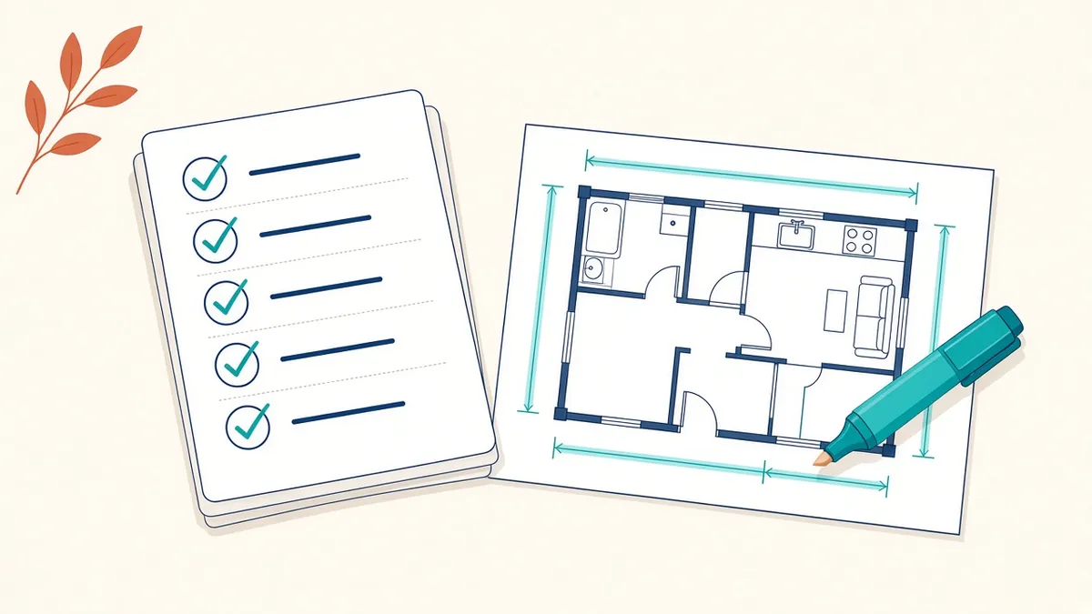 A printed checklist beside a floor plan with ticks and highlighted dimensions