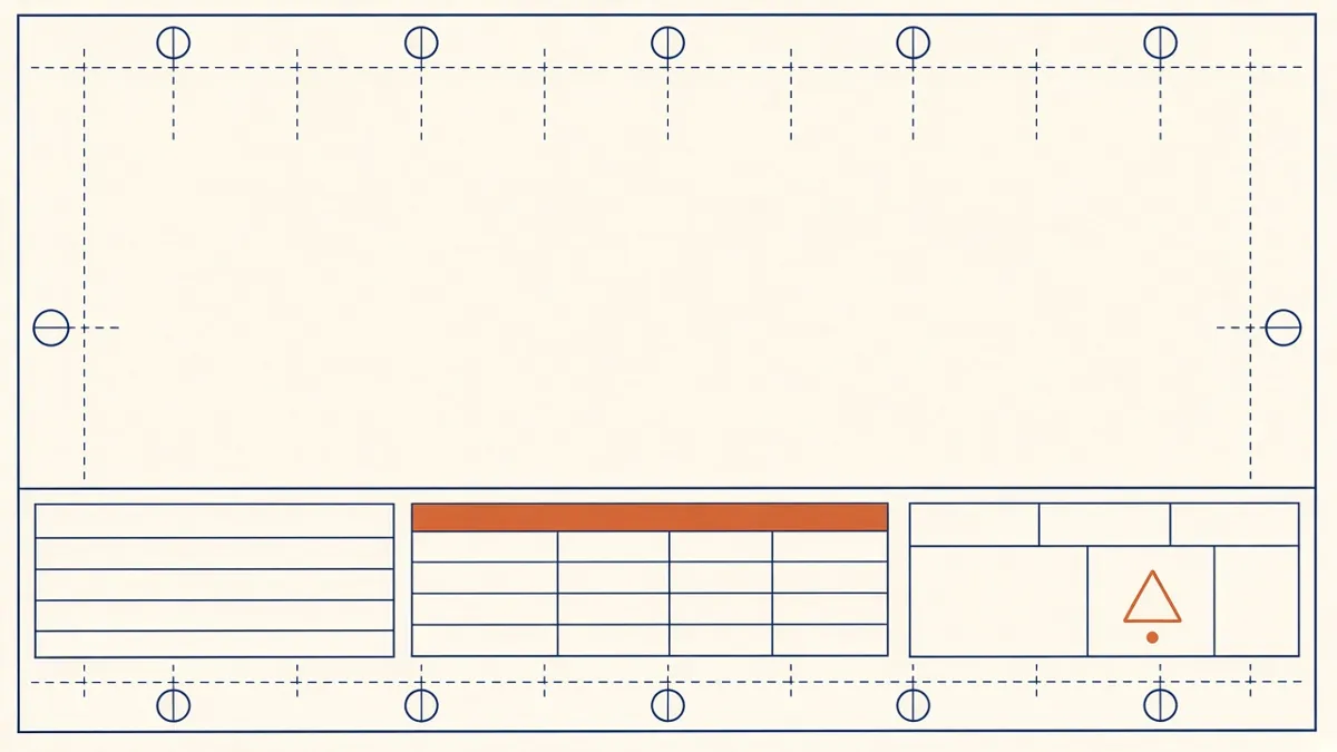 A drawing sheet border with grid reference markers, a title block, a revision triangle and a drawing index table