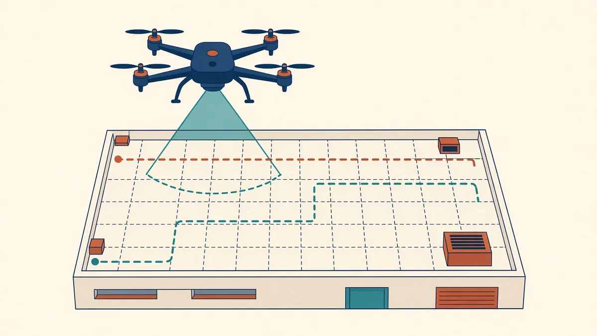 A survey drone flying over a building roof with a site plan overlay