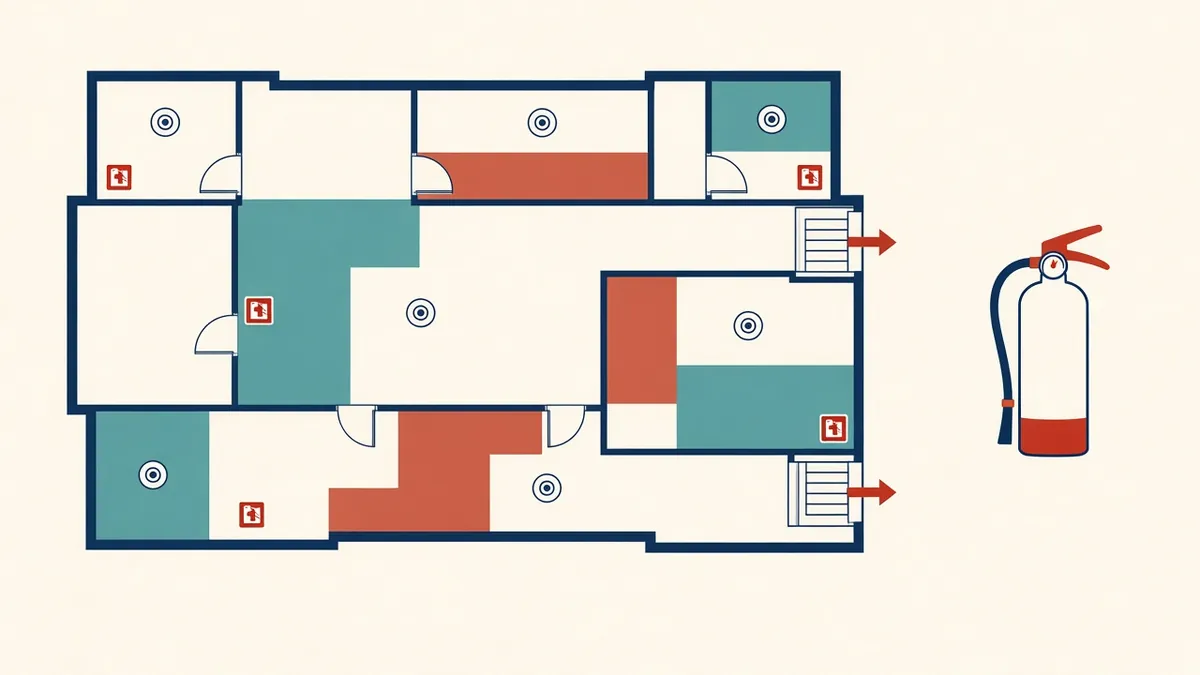A floor plan with exits, fire alarm devices and sprinkler zones marked in red