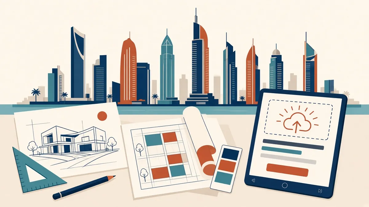 A Dubai skyline behind a set of permit drawings and a digital application screen