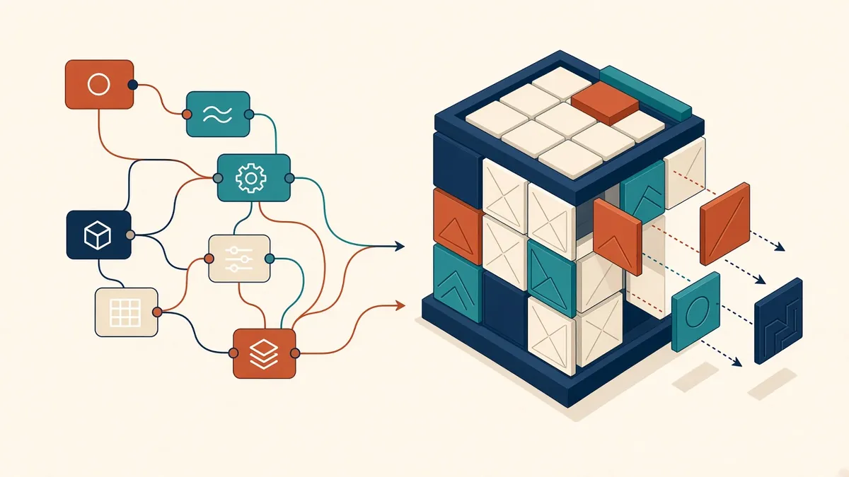 A Dynamo visual programming graph with connected nodes beside a Revit model being updated