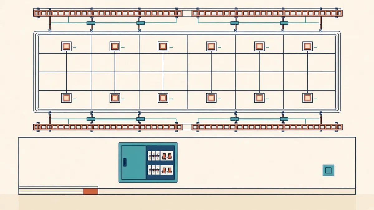 A reflected ceiling plan with light fittings aligned to a ceiling grid and cable trays above