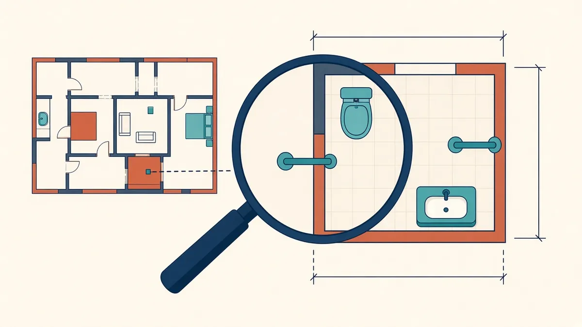 A large-scale toilet room plan with fixture dimensions, grab rails and wall elevations callouts