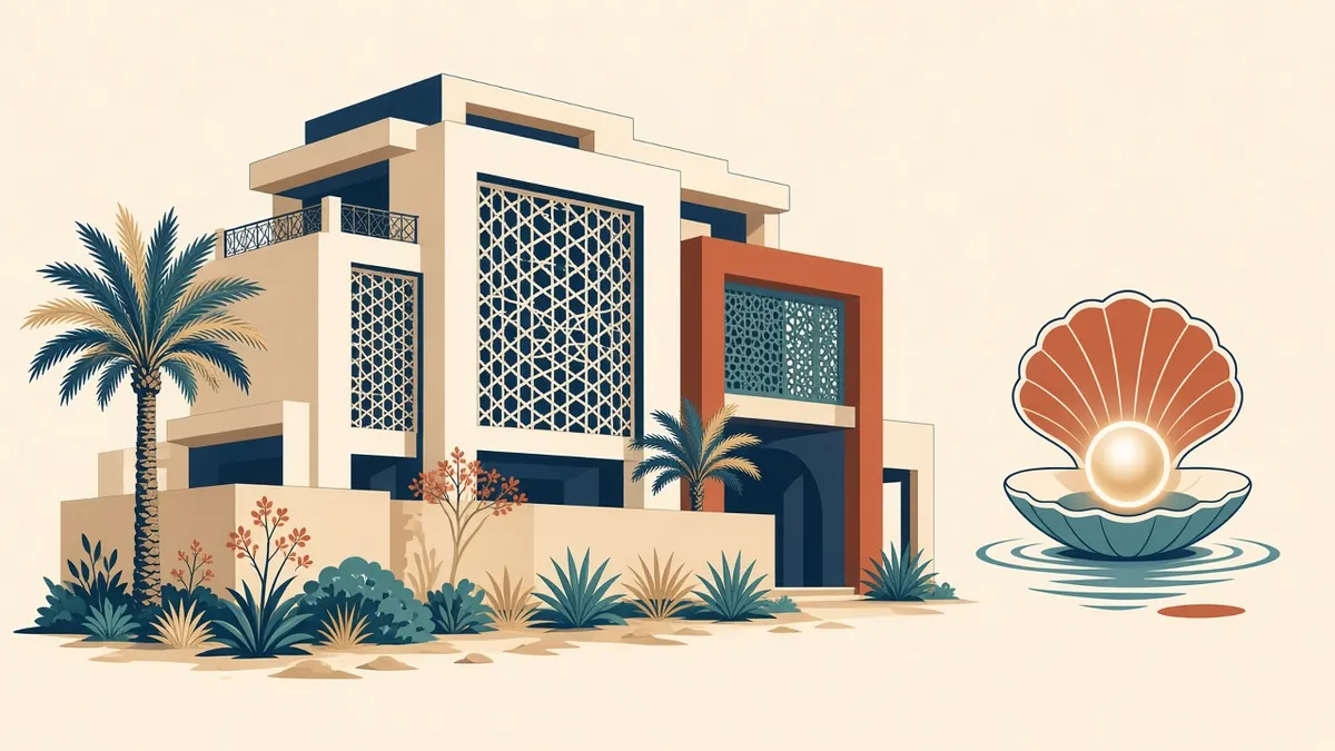 An Abu Dhabi villa with shading, efficient landscaping and a pearl rating symbol
