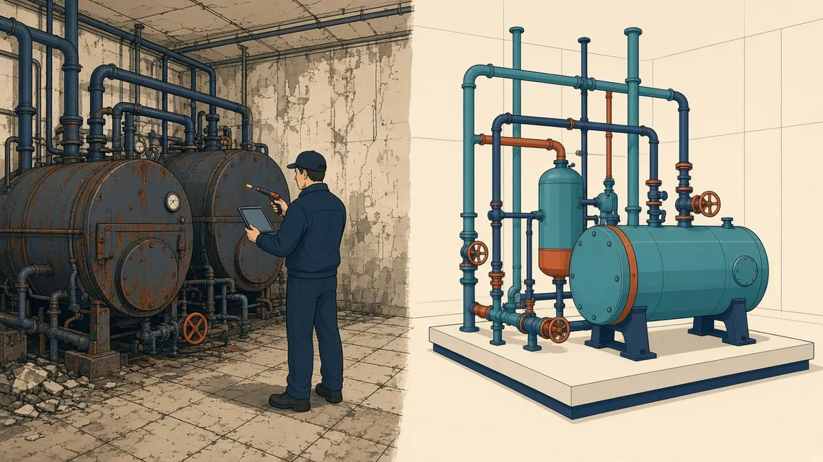A plant room point cloud with pipes and ducts modelled in colour over the scan
