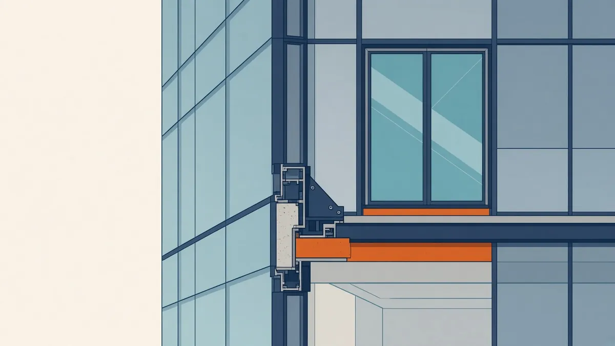 A curtain wall section at a slab edge showing mullion, glazing unit, fire stopping and bracket