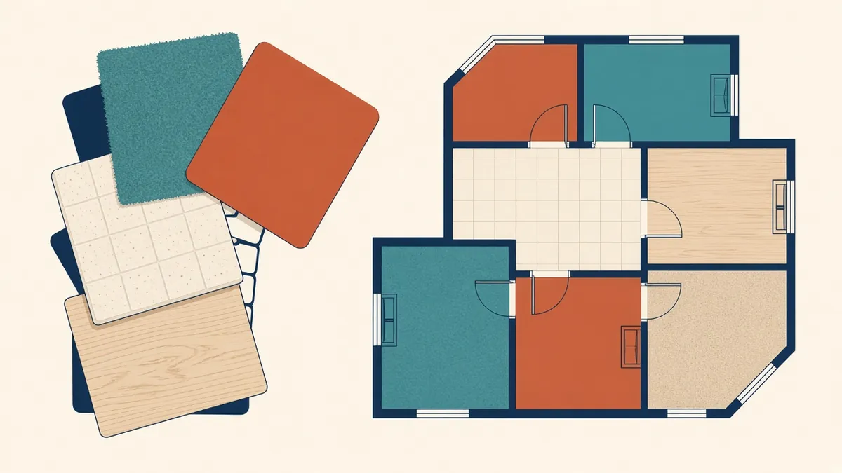 A room finish schedule table with colour-coded material swatches and a matching finish floor plan