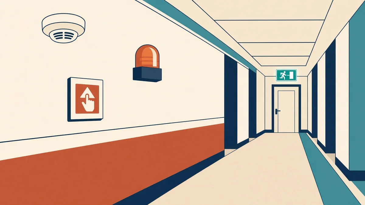 A ceiling with smoke detector, sounder and emergency light beside an exit sign