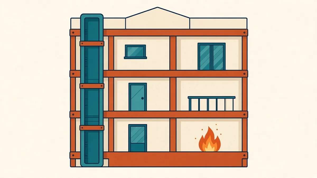 A building section divided into compartments by fire-rated floors and walls with protected shafts