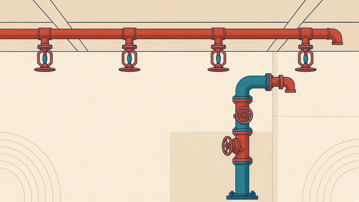 Sprinkler heads in a ceiling grid aligned with light fittings and diffusers