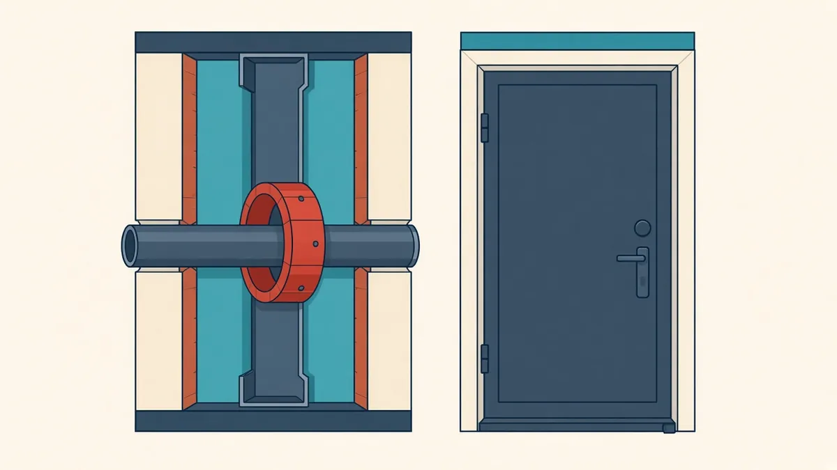 A fire-rated wall type detail with layered plasterboard, a sealed pipe penetration and a fire door tag